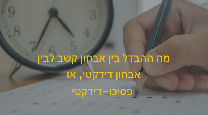 יד כותבת עם עט -כמו מבחן. בצד שעון. כיתוב: מה ההבדלים בין אבחון קשב לבין אבחון דידקטי