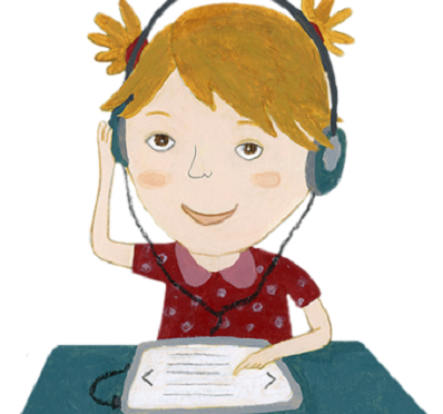 ילדה יושבת עם אזניות ולפניה אייפד